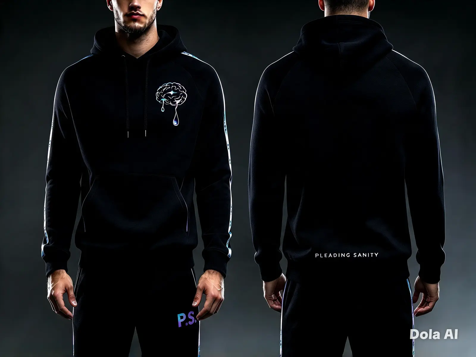 Black P.S tracksuit: Crying Brain on the chest, Pleading Sanity across the back, reflective side stripes and P.S on the leg
